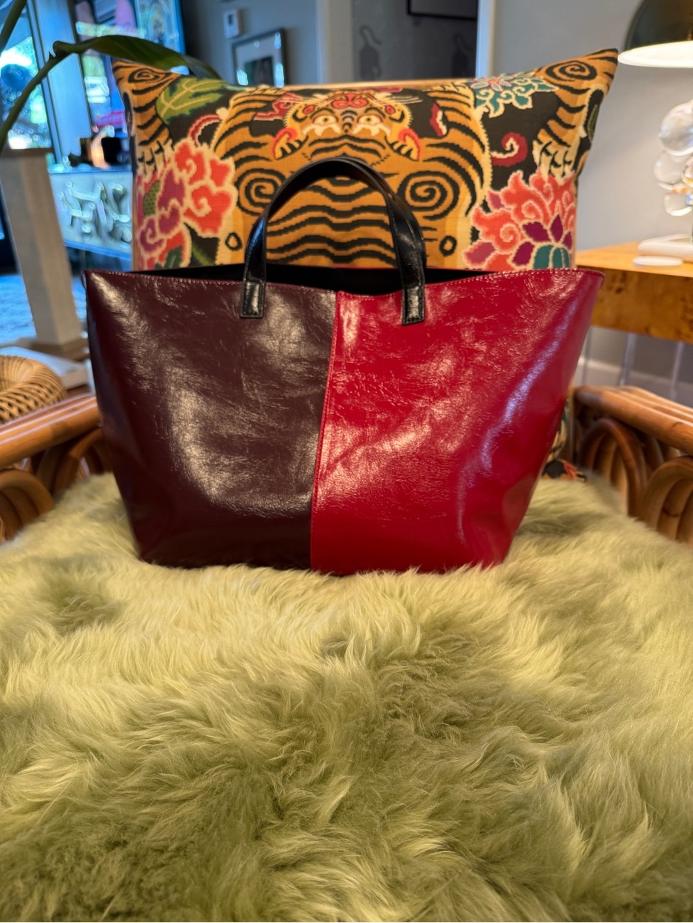 Anthropologie Two Tone Red and Burgundy Tote Bag with Black Handles